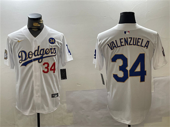 Los Angeles Dodgers #34 Toro Valenzuela White Gold 2024 World Series With No. 34 Patch Home Limited Stitched Jersey - Click Image to Close